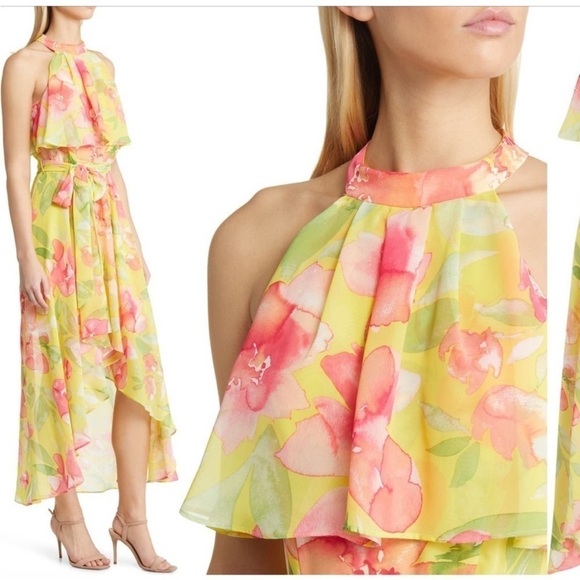 Eliza J Womens Watercolor Floral Hi Lo Hem Dress Sz 4 Yellow & Pink Halter - Picture 2 of 11